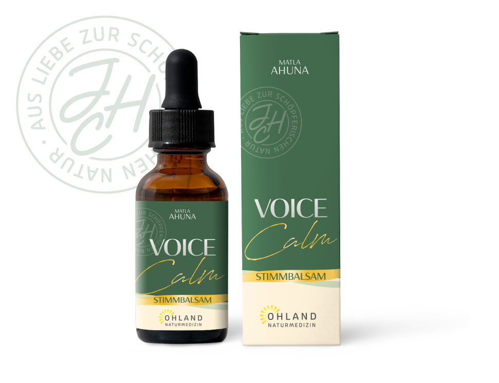 Produktfoto Voice Calm Stimmbalsam als Flasche mit Tropfer links und rechts die Umverpackung