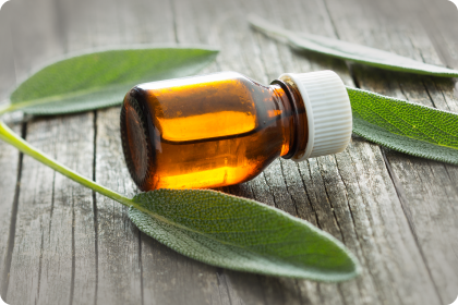 Flasche liegt auf Holztisch mit grünen Blättern